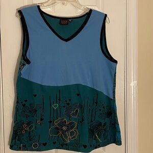 Cotton Teal/Royal Floral Embroidered Sleeveless Top with Black trim XL